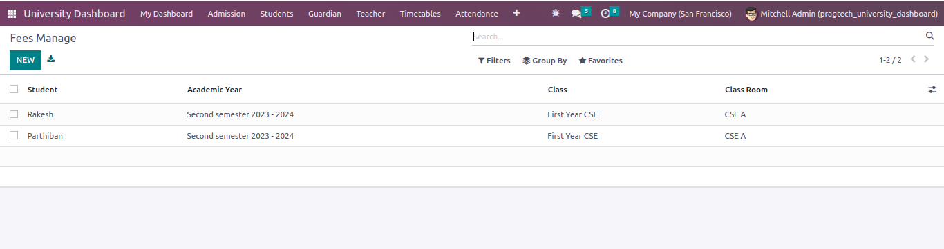 Screenshot of fees structure in odoo university management software